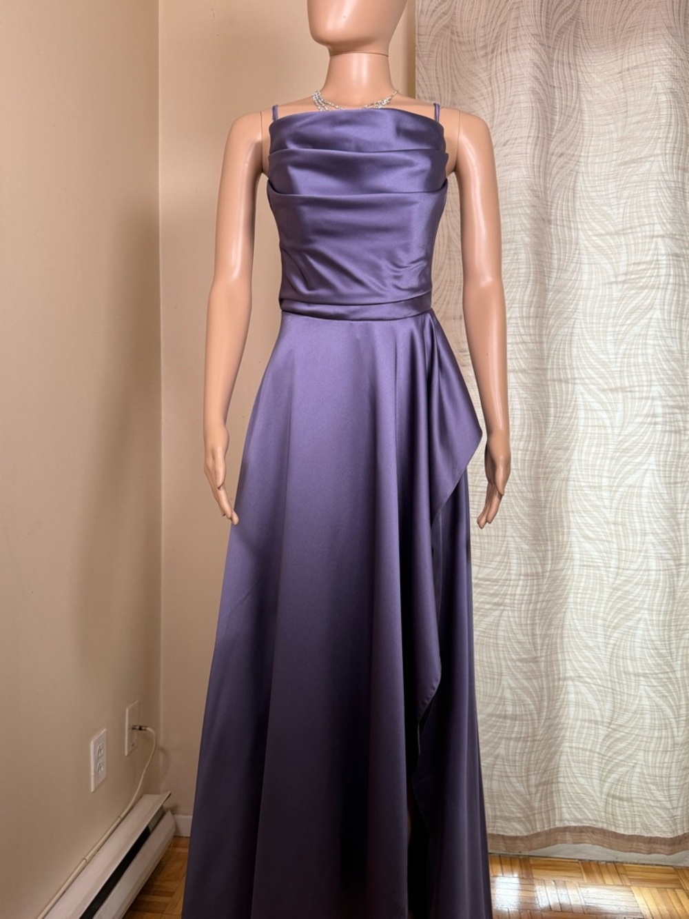 Elegant Purple Satin Evening Dress with Draped Bodice